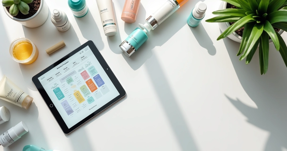 Itens de skincare organizados ao lado de um tablet com gráficos de rotina personalizada 