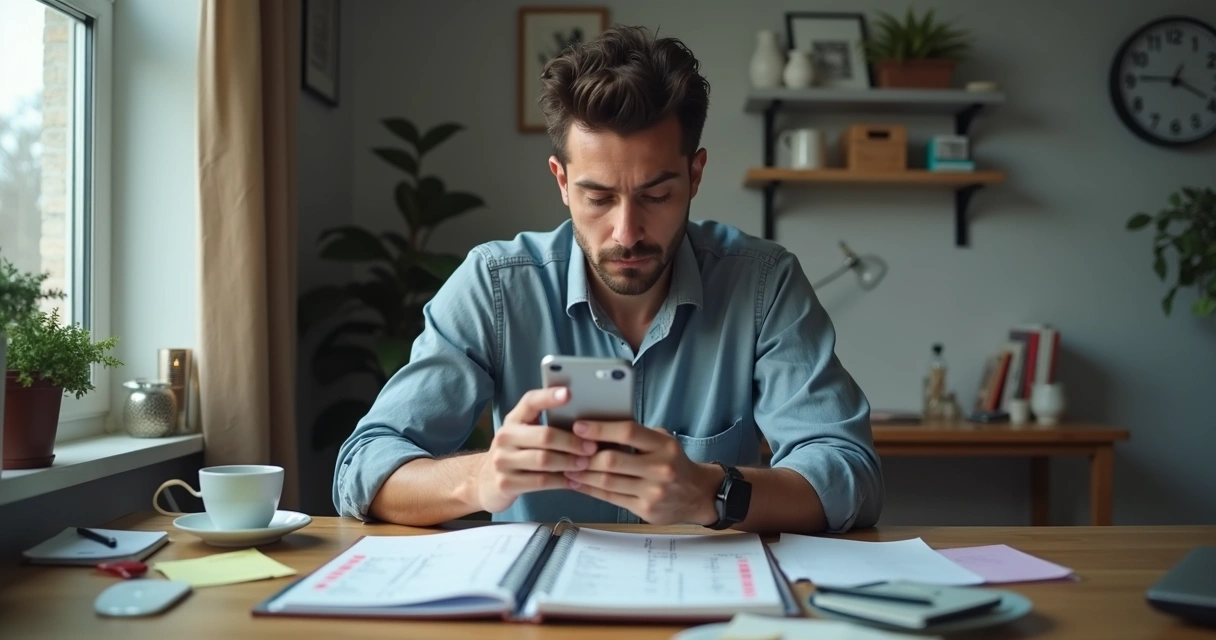 Pessoa sentada à mesa com celular, agenda e expressão de cansaço 