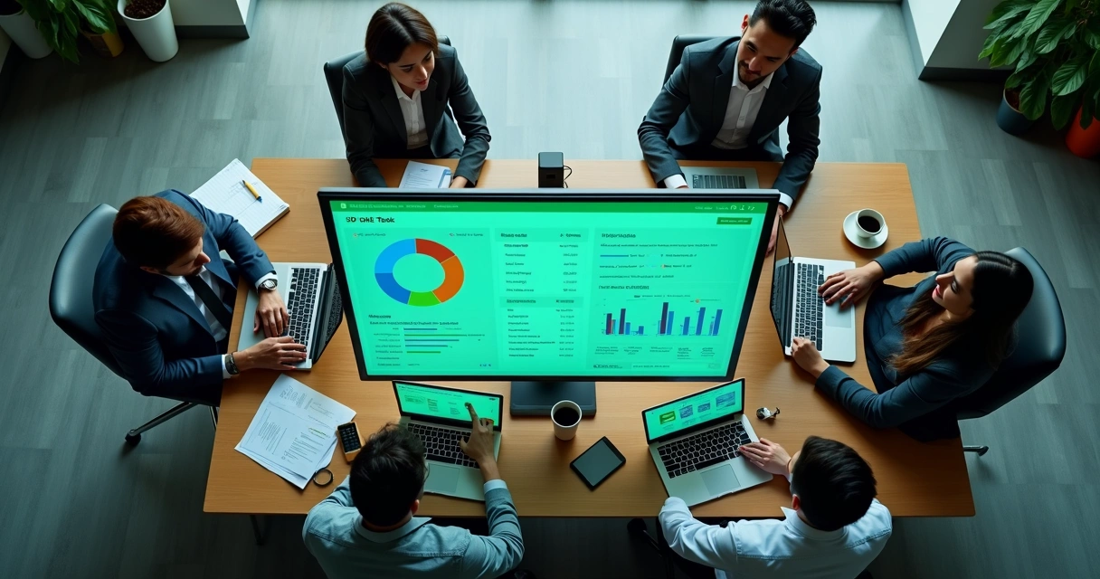 Equipe usando software de gestão ISO na rotina da empresa