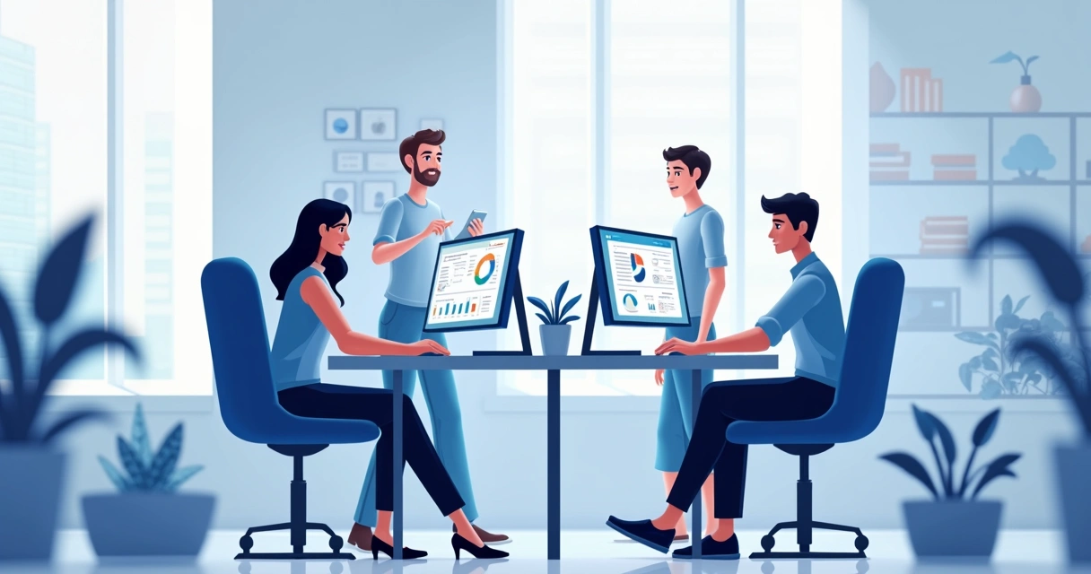 Equipe de trabalho usando sistema personalizado em computadores modernos