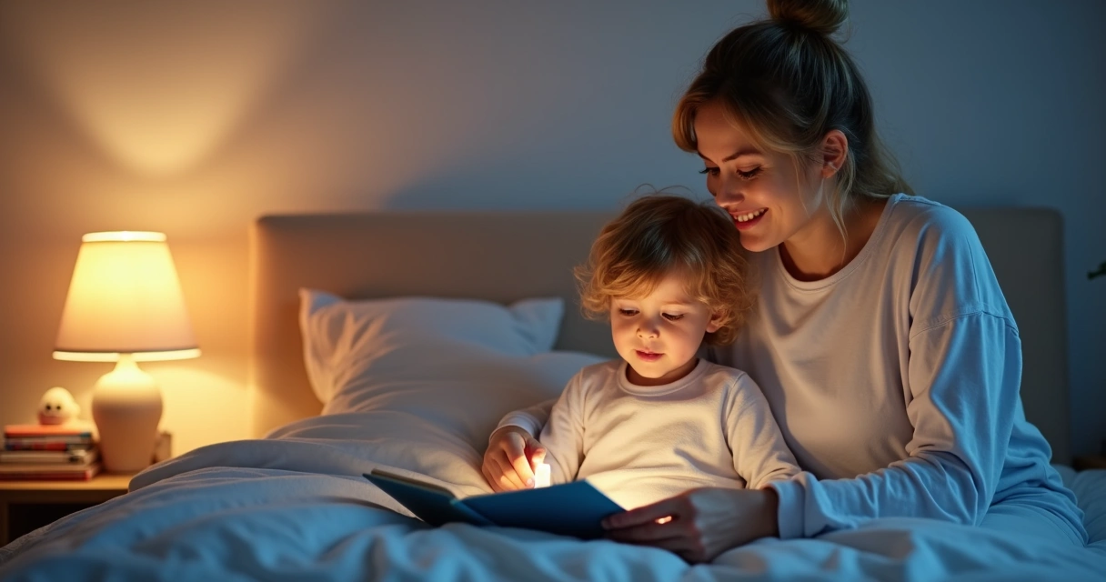 Mãe lendo história para filho ao lado da cama, luz suave 