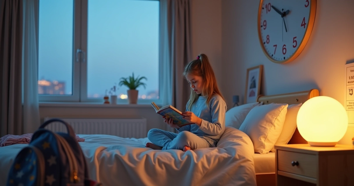 Menina em pijama lendo livro ao lado de luminária noturna em quarto organizado 