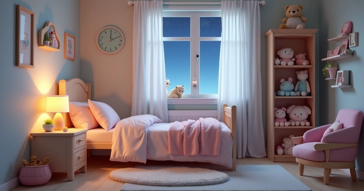 Quarto infantil com iluminação suave, cama arrumada e brinquedos organizados para rotina de sono tranquila 