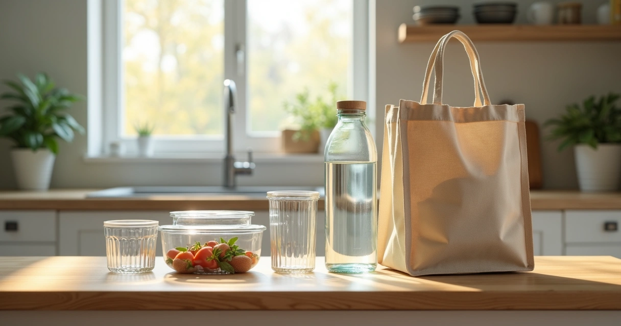 Mesa com itens reutilizáveis e separação de resíduos em casa 