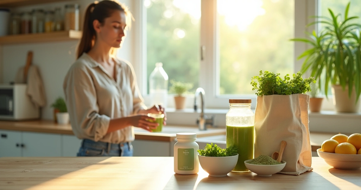 Mulher preparando rotina sustentável com produtos de moringa na cozinha 