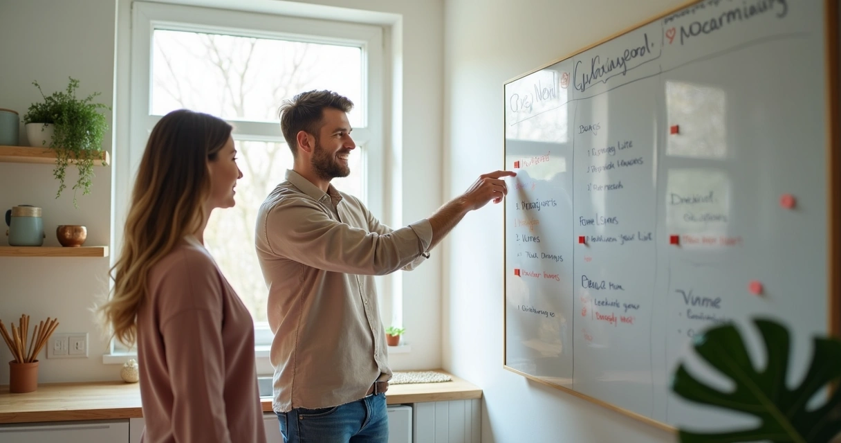Casal organizando quadro de tarefas domésticas na parede 