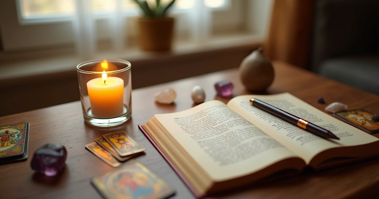 Mesa organizada com cartas de tarot, vela e caderno ao lado 