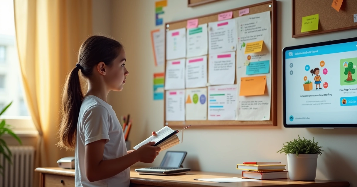Menina estudando em parede organizada com cronograma e telas digitais 
