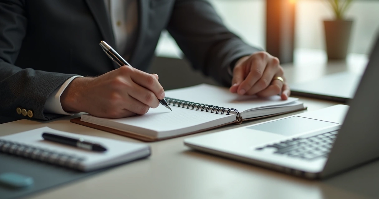 Caderno com rotinas diárias anotadas, mãos masculinas, notebook e caneta ao lado, ambiente sóbrio 