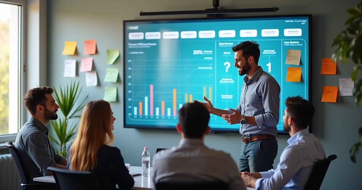 Equipe reunida em sala com quadro de indicadores semanais