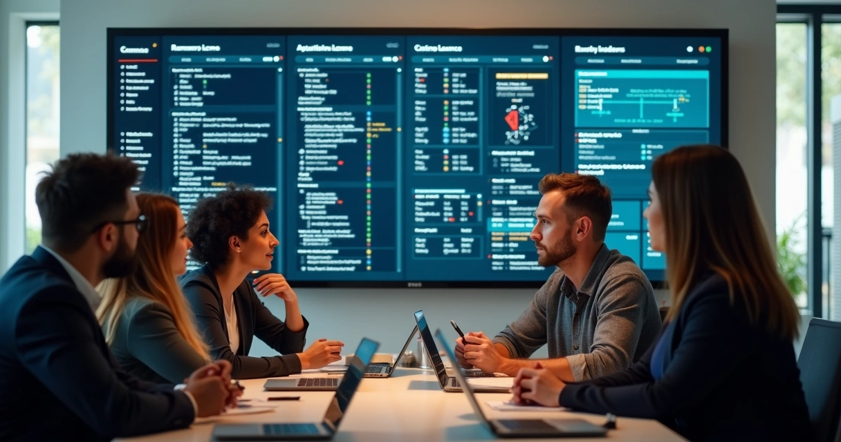 Equipe de TI reunida analisando um painel de acessos 