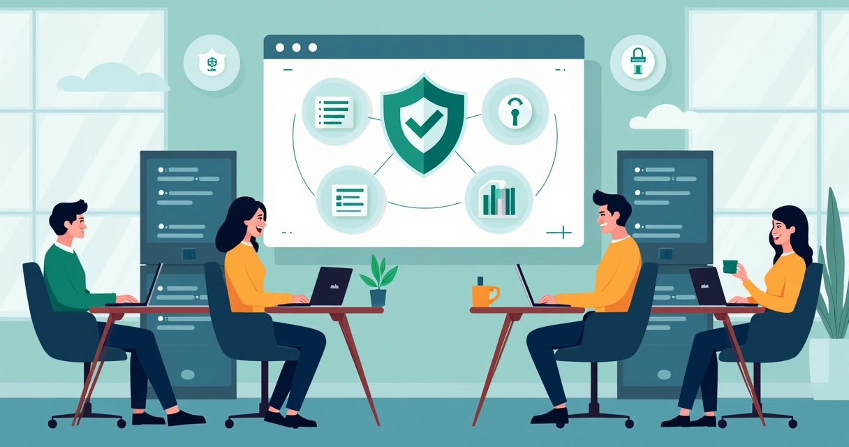 Equipe de TI tranquila em ambiente corporativo seguro 