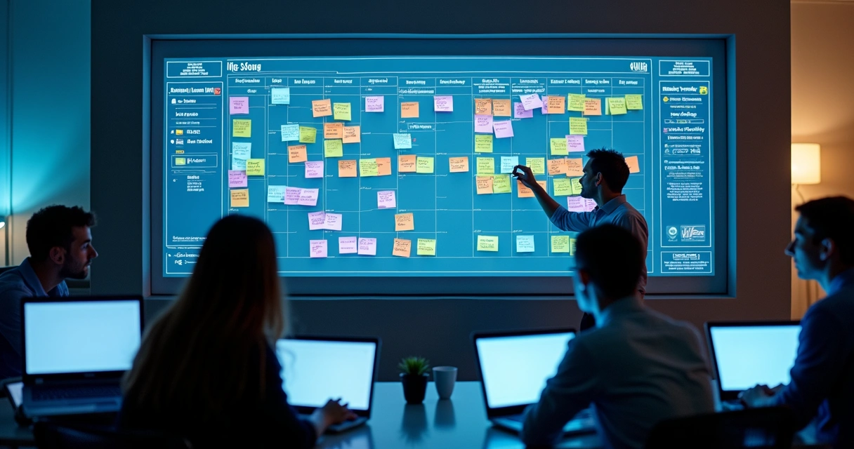 Equipe de TI organizando tarefas semanais em quadro digital 