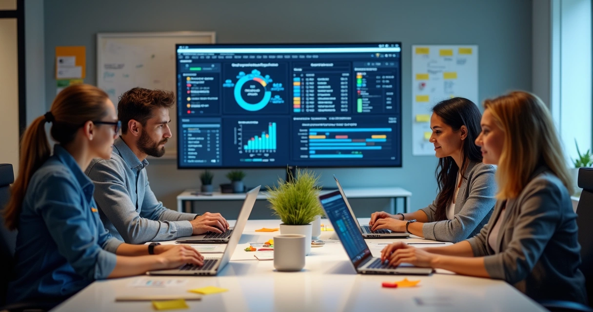 Equipe de TI reunida em sala, revisando tarefas em telas com gráficos e computadores 