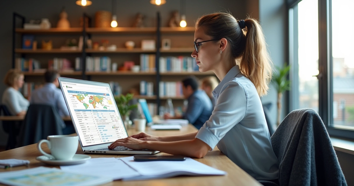 Consultora de viagens usando CRM no escritório da agência 