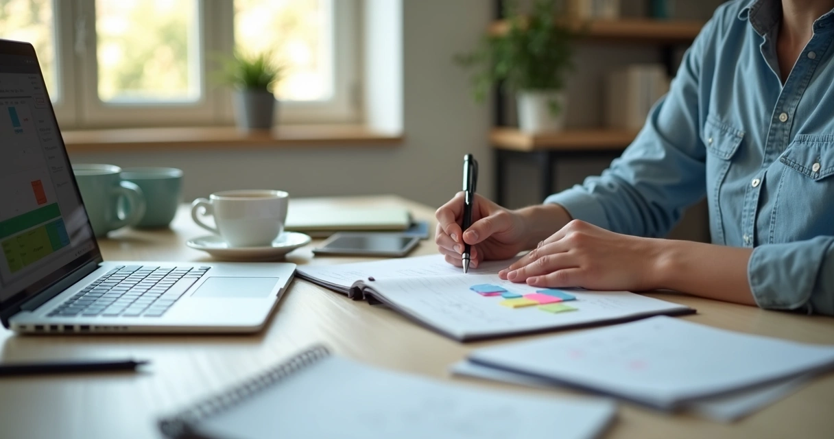 Pessoa organizando tarefas em mesa de trabalho com caderno e computador