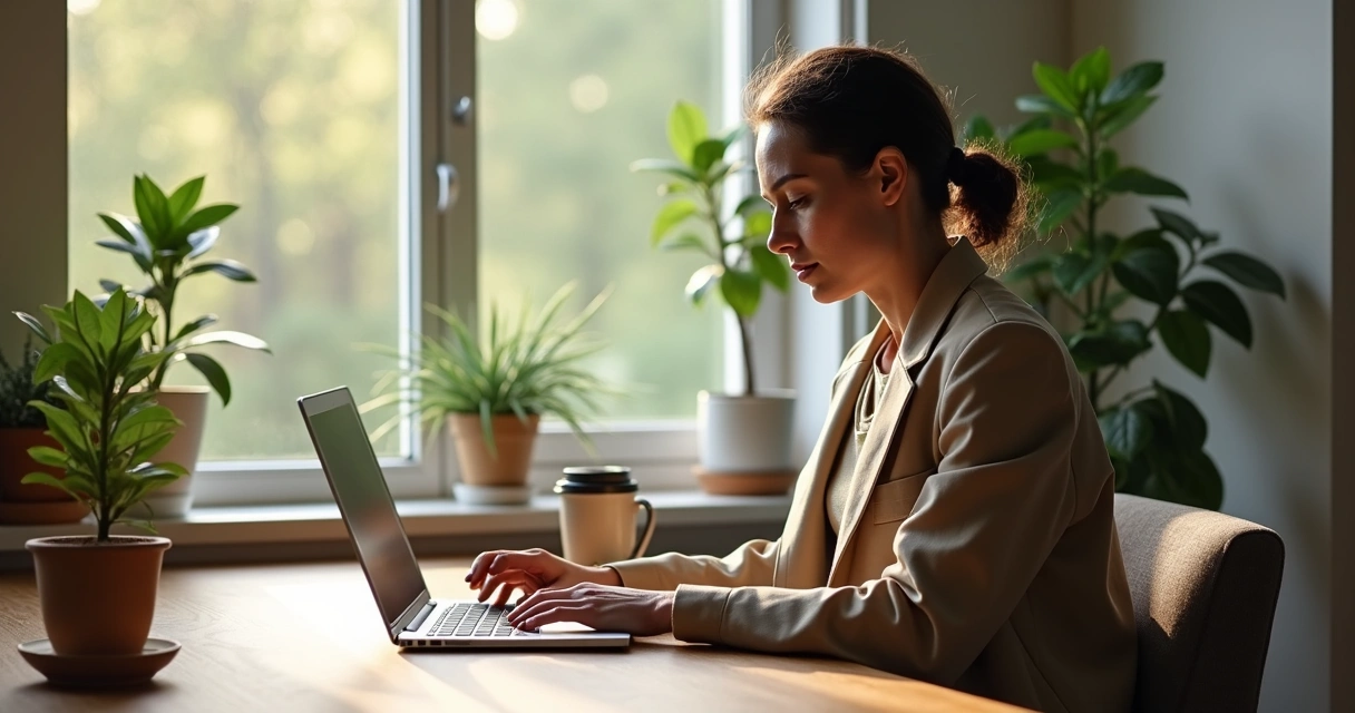 Pessoa sentada à mesa com notebook, tomando café, ao fundo janela com luz natural 