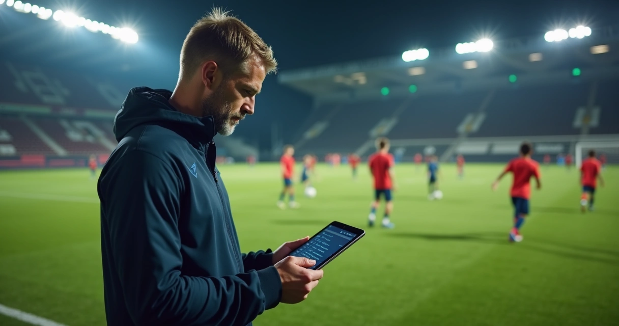 Treinador com tablet durante treino de futebol infantil
