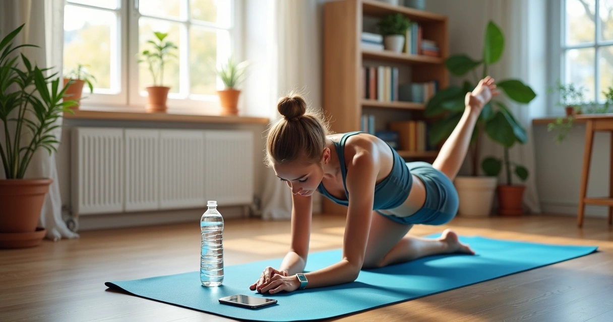 Pessoa treinando com tapete de yoga em sala iluminada. 
