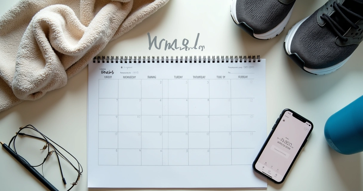 Agenda de treino ao lado de tênis e garrafa de água