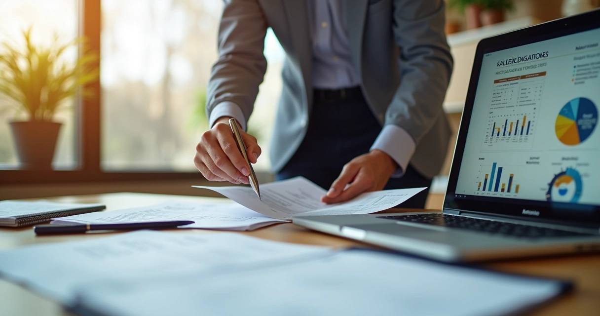 Empresário organizando documentos fiscais em um escritório moderno. 