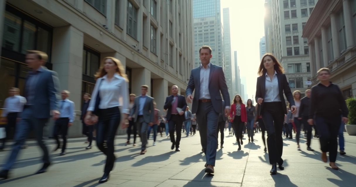 Pessoas caminhando apressadas em uma calçada movimentada de cidade, prédios ao fundo, sensação de rotina e pressa
