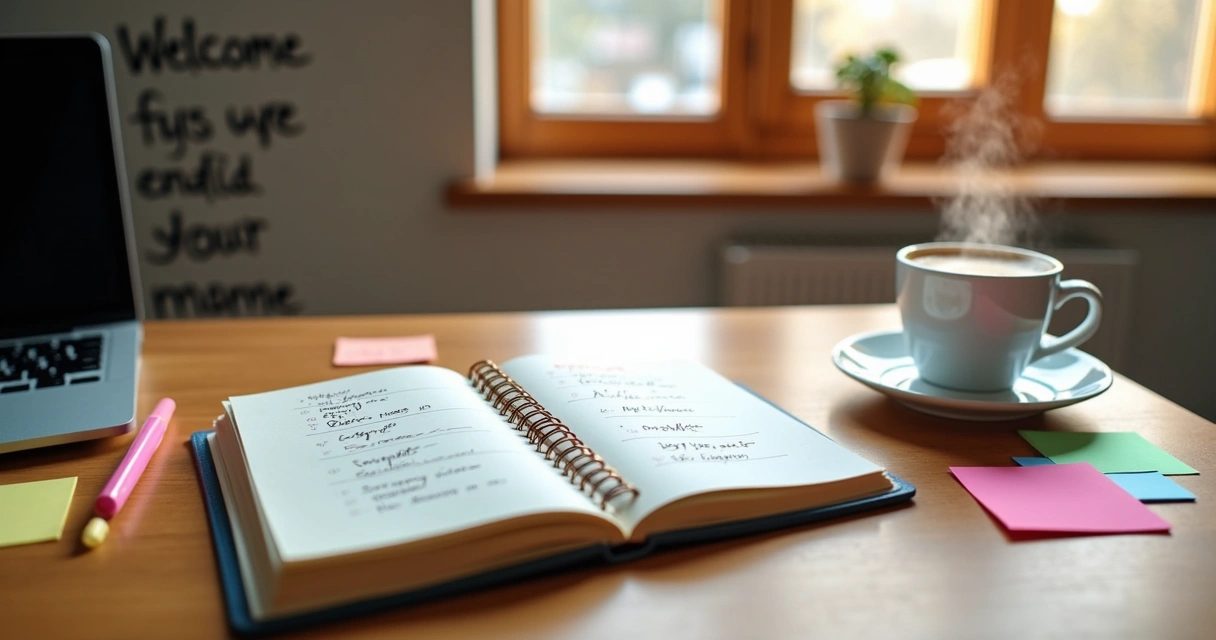 Agenda aberta com tarefas escritas, ao lado de um café e itens de escritório