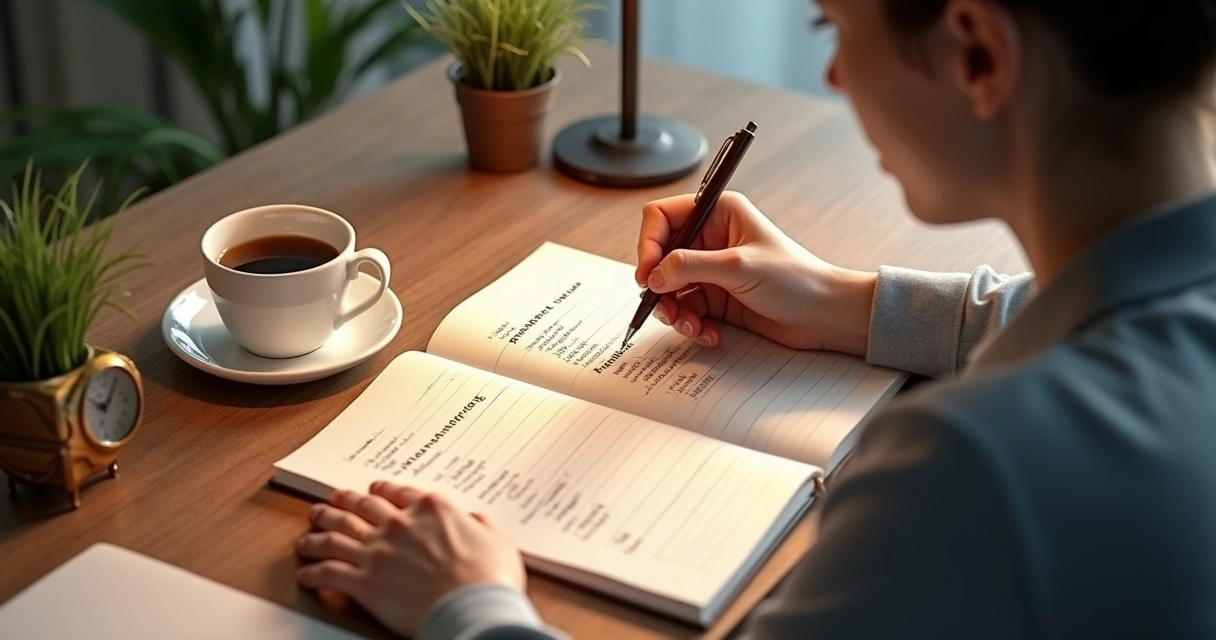 Pessoa escrevendo valores em caderno na mesa de trabalho 