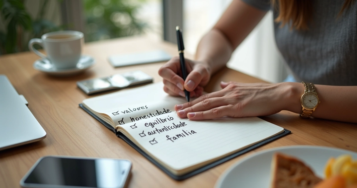 Pessoa escrevendo valores pessoais em um caderno ao lado de café da manhã saudável 