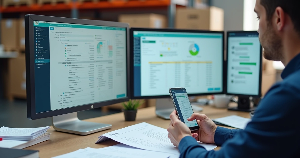 Vendedor de distribuidora alternando entre CRM, planilhas e mensagens 
