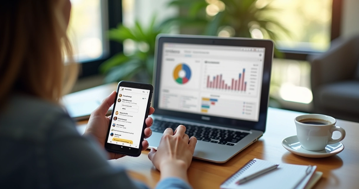 Vendedor organizando contatos e retornos no celular e notebook 