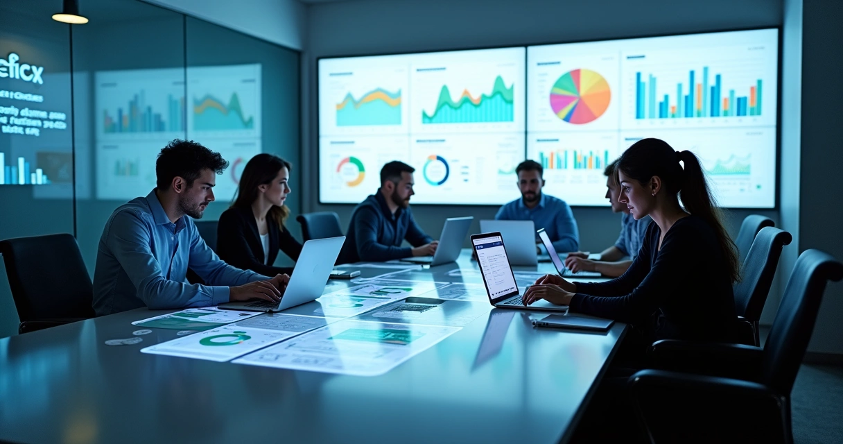 Equipe de contabilidade reunida analisando relatórios digitais mensais 