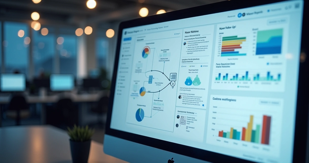Tela de computador mostrando fluxo automático de follow-up em sistema CRM com gráficos e notificações 