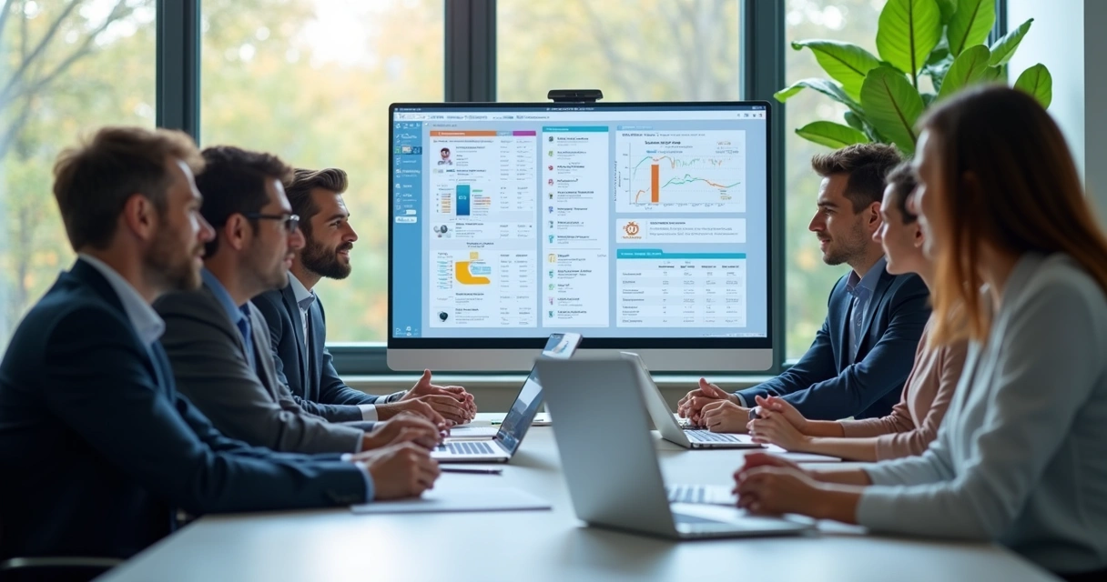 Reunião de RH com computadores e telas exibindo fluxos automatizados 