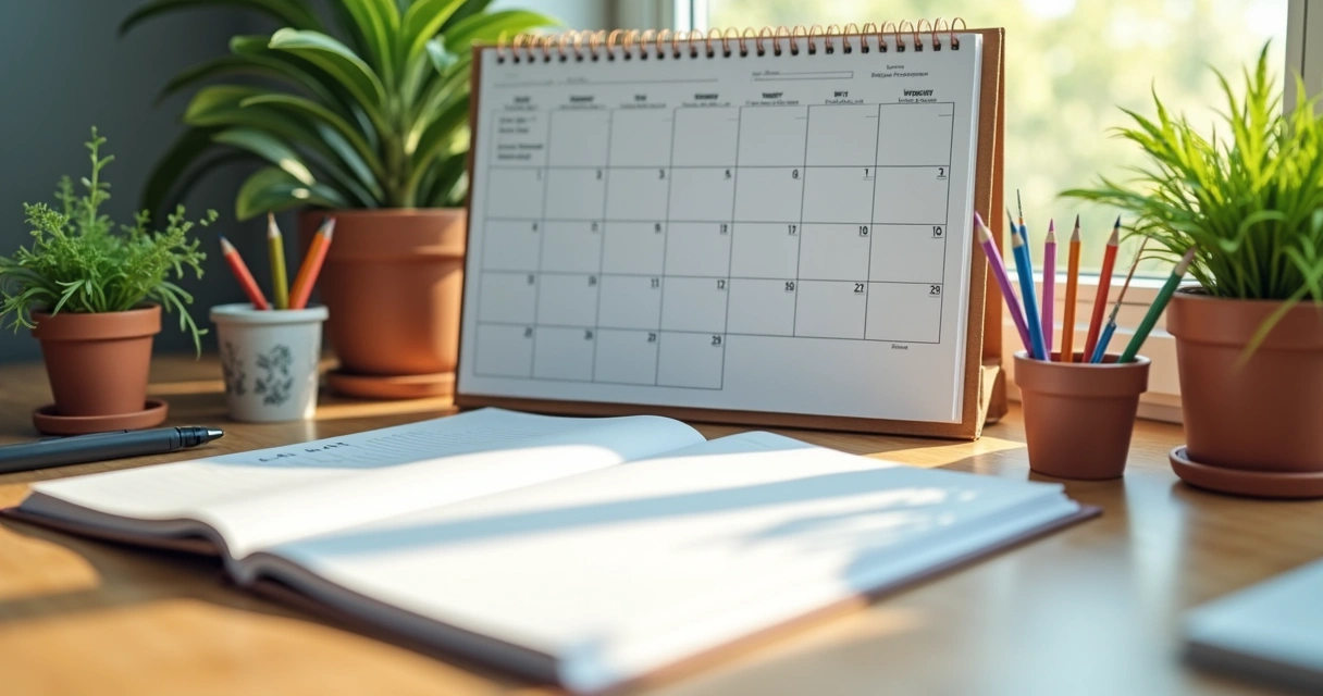 Mesa de trabalho organizada com agenda aberta e plantas 