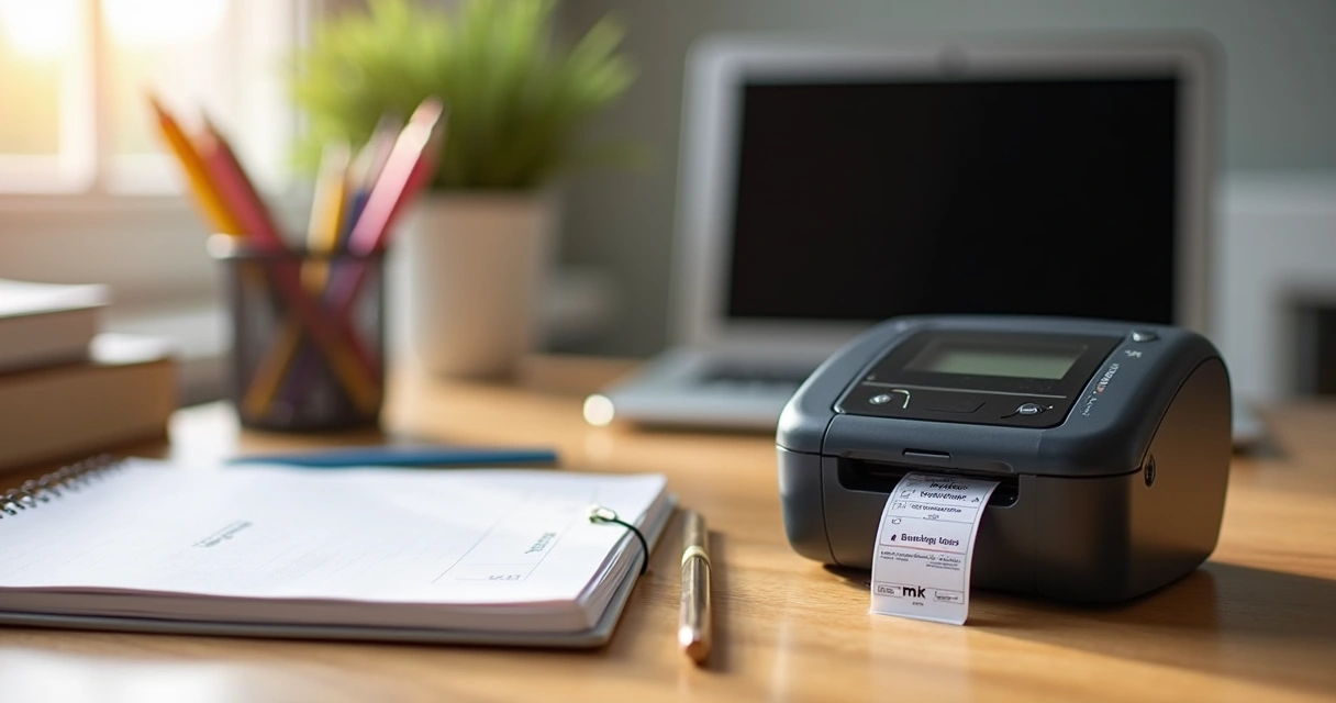 Rotuladora Brother com fita MK posicionada ao lado em uma mesa de escritório 