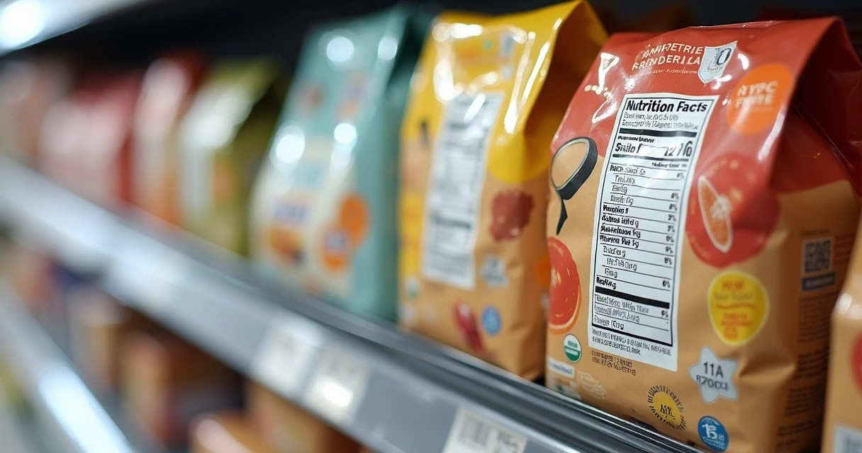 Rótulo alimentar com símbolo de lupa preto na frente de embalagem