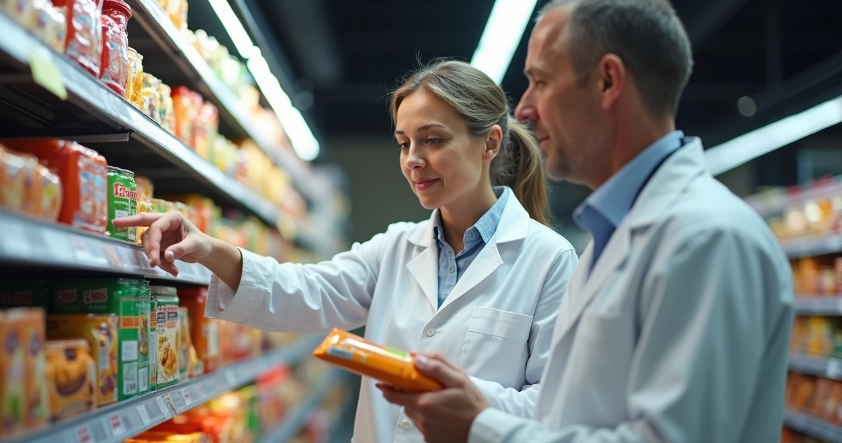 Nutricionista ensina paciente a ler rótulos de alimentos em supermercado