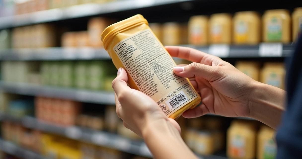 Pessoa lendo lista de ingredientes no rótulo de um produto alimentício 