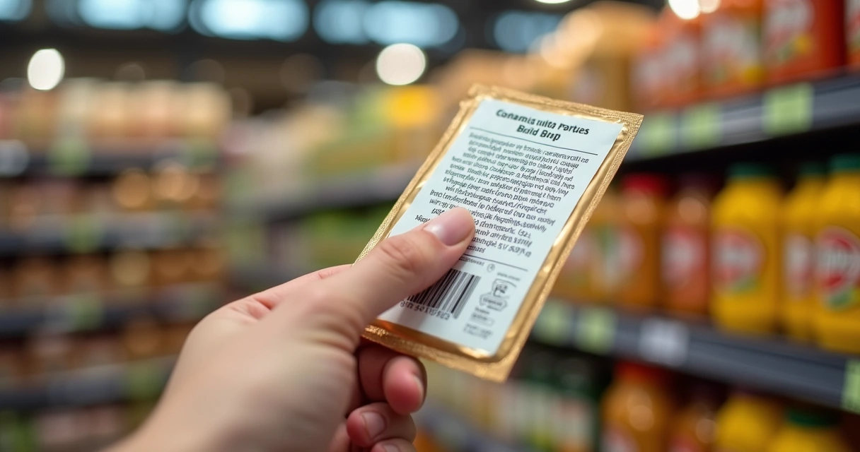 Pessoa segurando embalagem e lendo a lista de ingredientes de um alimento 