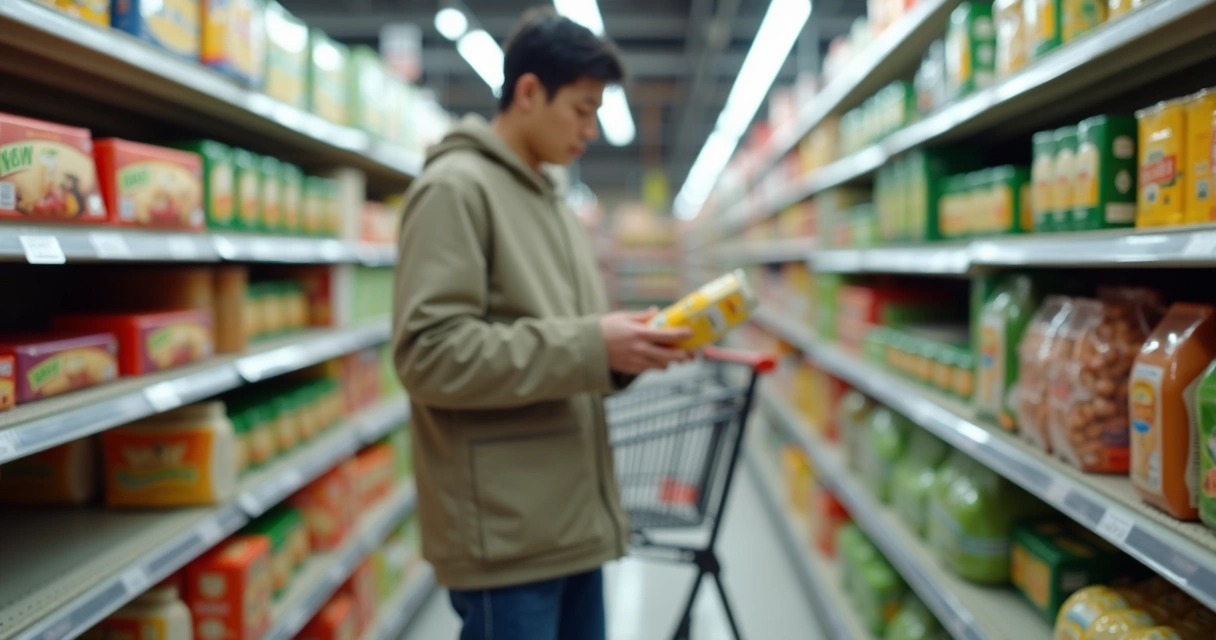 Pessoa observando rótulos de produtos no mercado