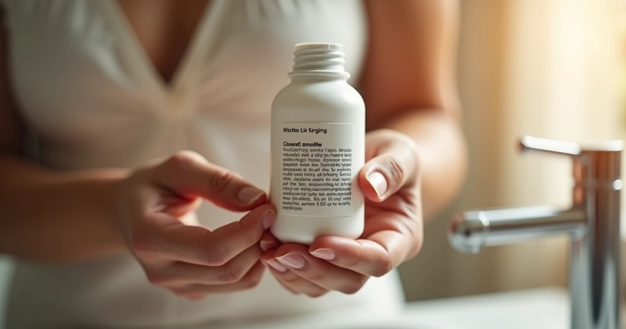 Mãos segurando e lendo rótulo de cosmético com destaque para informações e ingredientes 