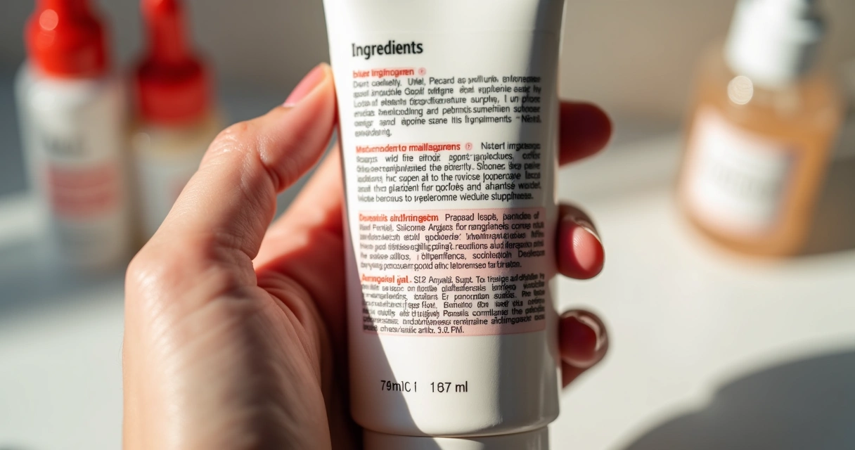 Close-up de rótulo de cosmético mostrando lista de ingredientes com destaque para itens nocivos 