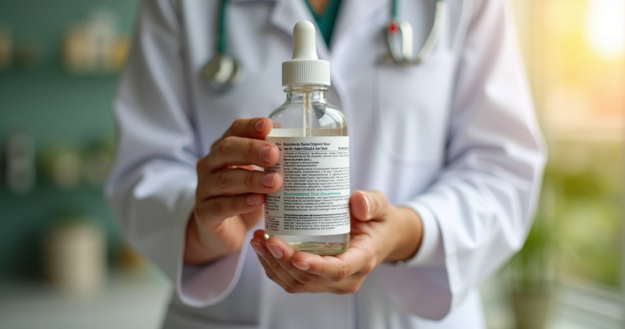 Mãos segurando um frasco de dermocosmético com rótulo detalhado e informações visíveis 