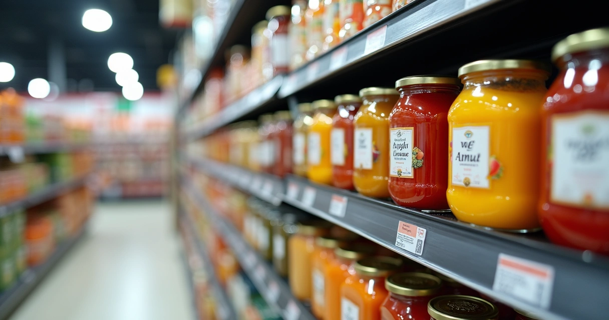 Diversos produtos industrializados em prateleira de supermercado com destaque nos rótulos frontais 