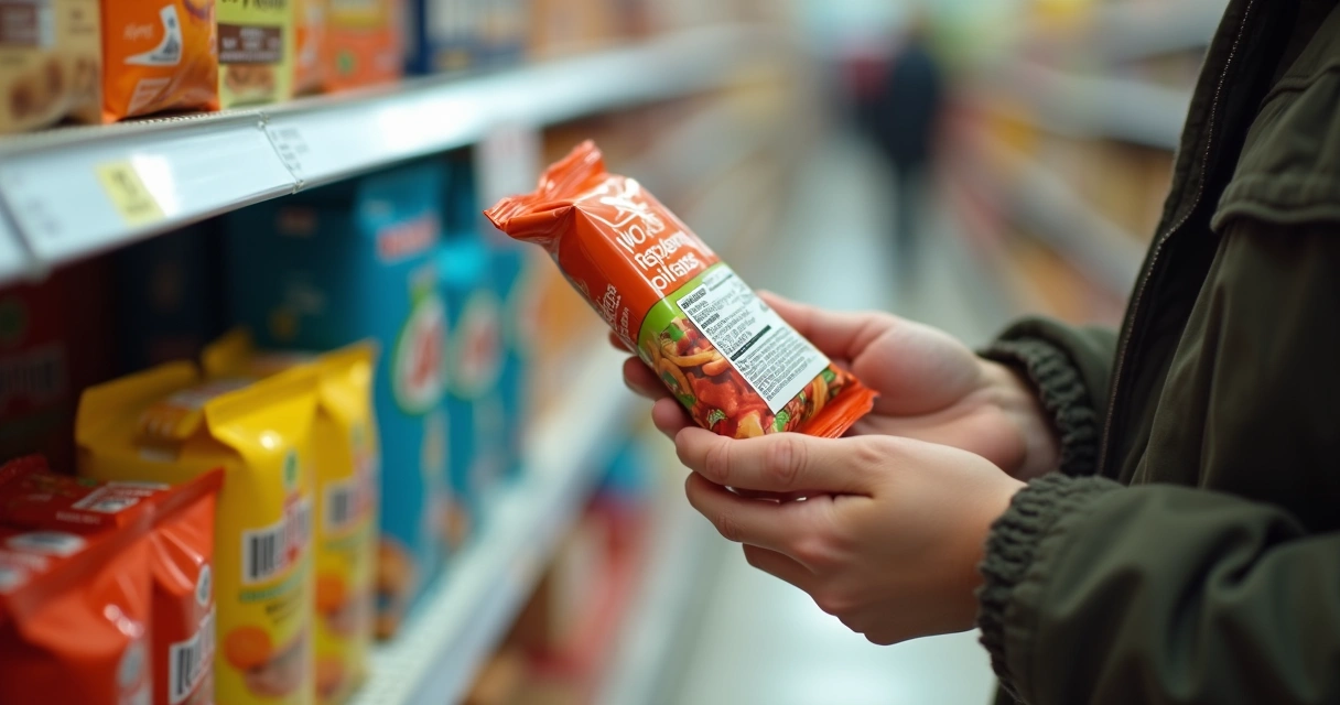 Pessoa lendo lista de ingredientes de alimento na prateleira 