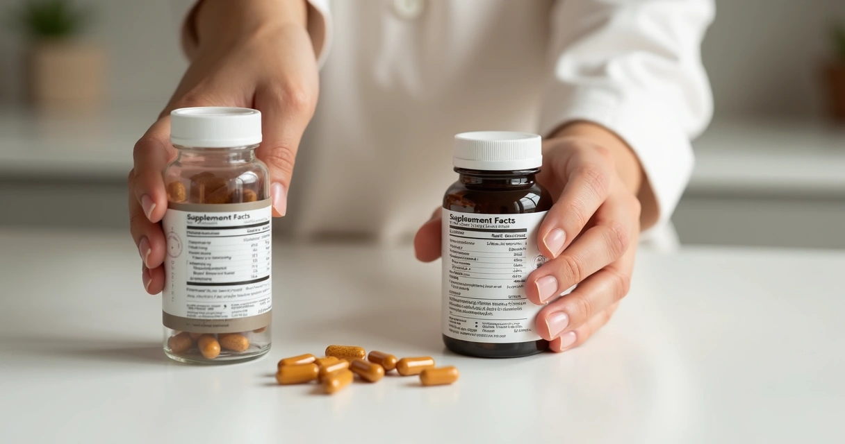 Frascos de suplementos e rótulo em leitura