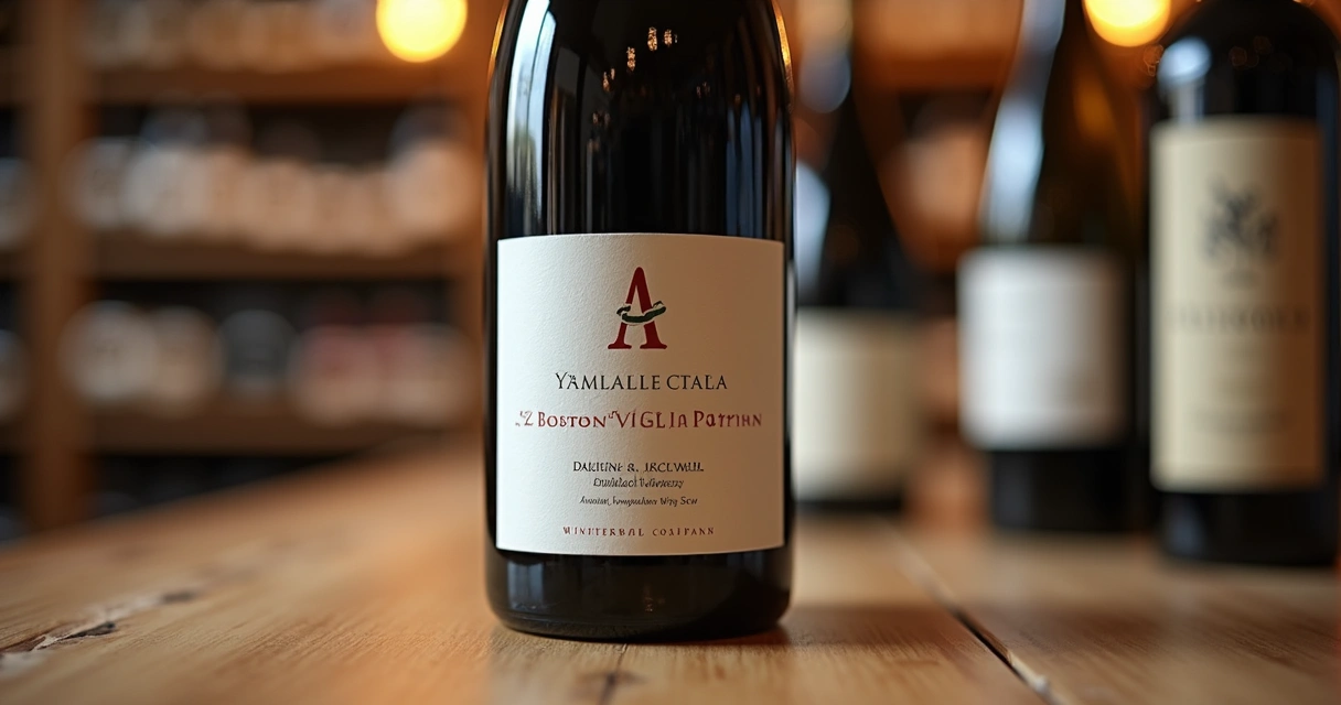 Rótulo personalizado de vinho em destaque numa mesa com garrafa ao fundo 