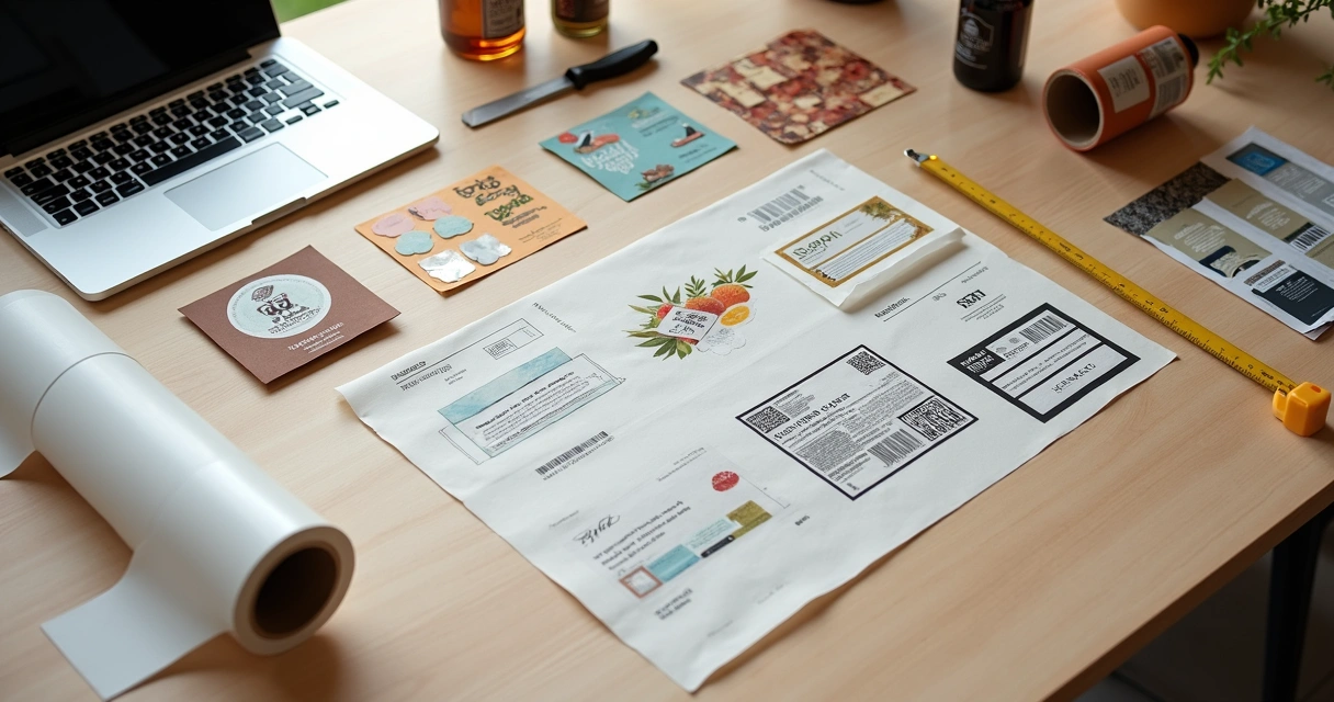 Diversos rótulos adesivos coloridos sobre mesa de trabalho de design 