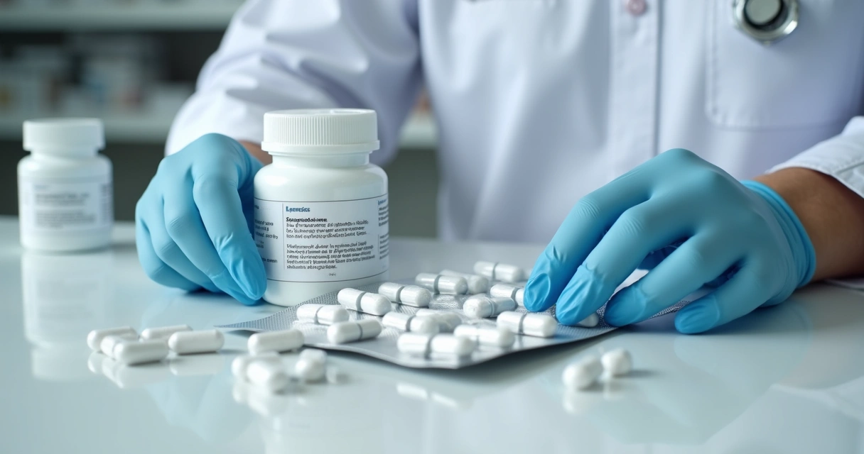 Rótulos de medicamentos e cápsulas sobre mesa clara